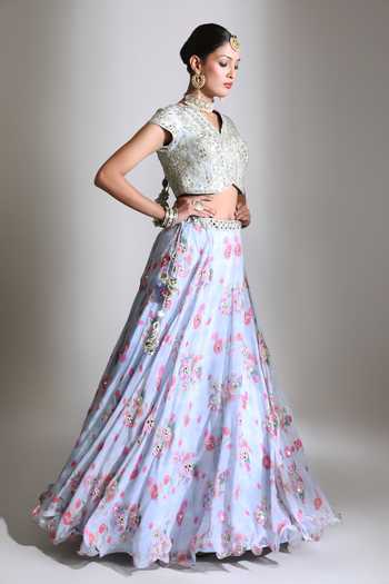 Buy Tanu Malhotra Blue Silk, Organza V-neck Printed Lehenga Mirror Work Blouse Set Online at Aza Fashions Buy_Tanu Malhotra_Blue Silk, Organza V-neck Printed Lehenga Mirror Work Blouse Set _Online_at_Aza_Fashions