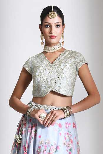 Shop Tanu Malhotra Blue Silk, Organza V-neck Printed Lehenga Mirror Work Blouse Set Online at Aza Fashions Shop_Tanu Malhotra_Blue Silk, Organza V-neck Printed Lehenga Mirror Work Blouse Set _Online_at_Aza_Fashions