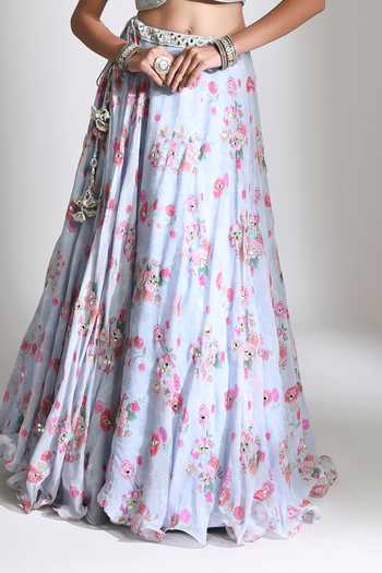 Tanu Malhotra Blue Silk, Organza V-neck Printed Lehenga Mirror Work Blouse Set at Aza Fashions Tanu Malhotra_Blue Silk, Organza V-neck Printed Lehenga Mirror Work Blouse Set _at_Aza_Fashions