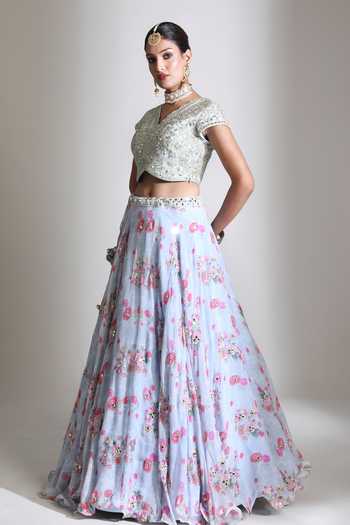 Buy Tanu Malhotra Blue Silk, Organza V-neck Printed Lehenga Mirror Work Blouse Set Buy_Tanu Malhotra_Blue Silk, Organza V-neck Printed Lehenga Mirror Work Blouse Set