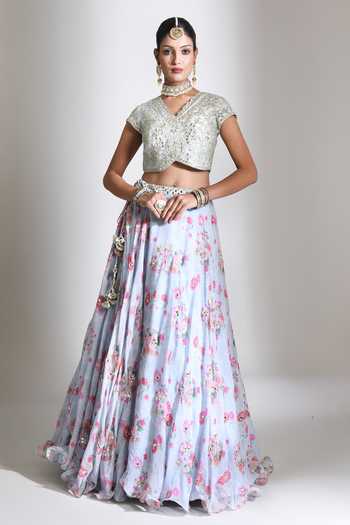 Tanu Malhotra Printed Lehenga Mirror Work Blouse Set 