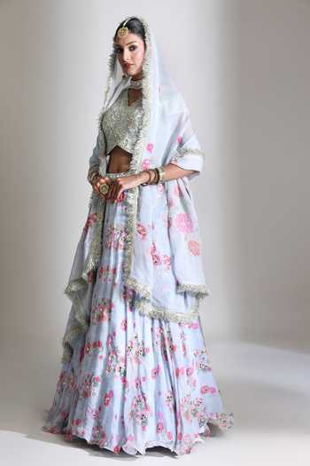 Shop Tanu Malhotra Blue Silk, Organza V-neck Printed Lehenga Mirror Work Blouse Set Shop_Tanu Malhotra_Blue Silk, Organza V-neck Printed Lehenga Mirror Work Blouse Set