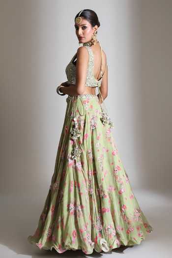 Tanu Malhotra Green Silk, Organza V-neck Printed Lehenga Mirror Work Blouse Set Online at Aza Fashions Tanu Malhotra_Green Silk, Organza V-neck Printed Lehenga Mirror Work Blouse Set _Online_at_Aza_Fashions