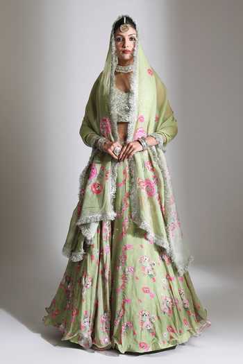 Buy Tanu Malhotra Green Silk, Organza V-neck Printed Lehenga Mirror Work Blouse Set Online at Aza Fashions Buy_Tanu Malhotra_Green Silk, Organza V-neck Printed Lehenga Mirror Work Blouse Set _Online_at_Aza_Fashions