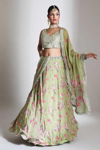 Shop Tanu Malhotra Green Silk, Organza V-neck Printed Lehenga Mirror Work Blouse Set Online at Aza Fashions Shop_Tanu Malhotra_Green Silk, Organza V-neck Printed Lehenga Mirror Work Blouse Set _Online_at_Aza_Fashions