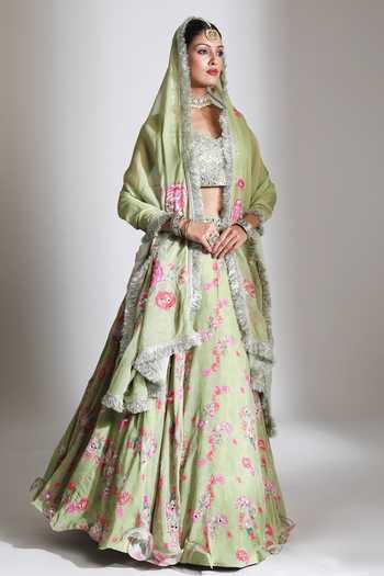 Tanu Malhotra Green Silk, Organza V-neck Printed Lehenga Mirror Work Blouse Set at Aza Fashions Tanu Malhotra_Green Silk, Organza V-neck Printed Lehenga Mirror Work Blouse Set _at_Aza_Fashions