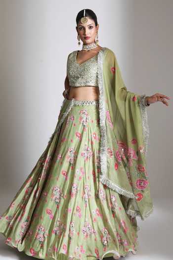 Tanu Malhotra Printed Lehenga Mirror Work Blouse Set 