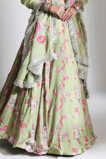 Buy Tanu Malhotra Green Silk, Organza V-neck Printed Lehenga Mirror Work Blouse Set Buy_Tanu Malhotra_Green Silk, Organza V-neck Printed Lehenga Mirror Work Blouse Set