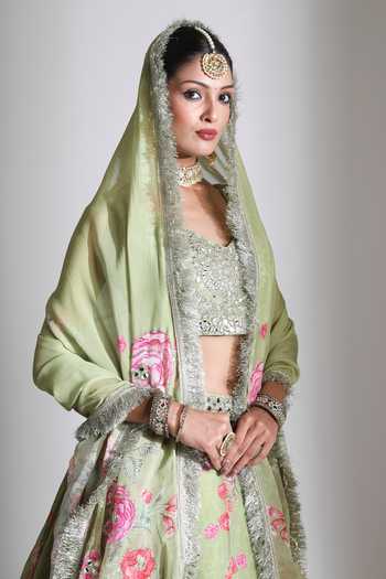 Shop Tanu Malhotra Green Silk, Organza V-neck Printed Lehenga Mirror Work Blouse Set Shop_Tanu Malhotra_Green Silk, Organza V-neck Printed Lehenga Mirror Work Blouse Set