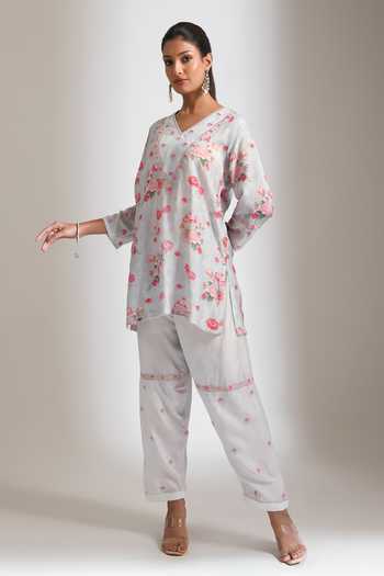 Shop Tanu Malhotra Blue Silk, Cotton, Georgette V-neck, Yes Embroidered Floral Kurta Salwar Set Online at Aza Fashions Shop_Tanu Malhotra_Blue Silk, Cotton, Georgette V-neck, Yes Embroidered Floral Kurta Salwar Set _Online_at_Aza_Fashions