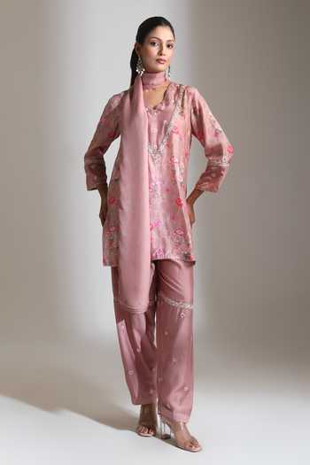 Shop_Tanu Malhotra_Pink Silk, Cotton, Georgette V-neck, Yes Embroidered Floral Kurta Salwar Set _Online_at_Aza_Fashions