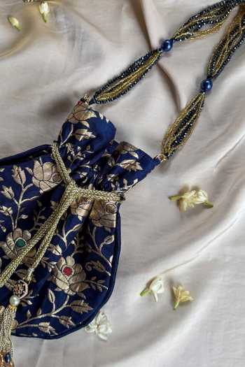 Buy_Quirky Tales_Blue Embroidery, Beads, Pearls, Zari, Tassels Banarasi Floral Potli _Online_at_Aza_Fashions