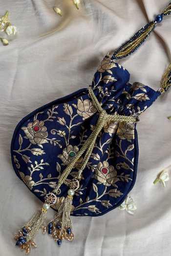 Quirky Tales Banarasi Blue Floral Potli 