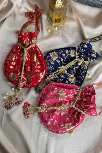 Shop_Quirky Tales_Blue Embroidery, Beads, Pearls, Zari, Tassels Banarasi Floral Potli _Online_at_Aza_Fashions
