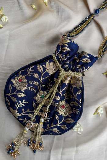 Quirky Tales_Blue Embroidery, Beads, Pearls, Zari, Tassels Banarasi Floral Potli _at_Aza_Fashions