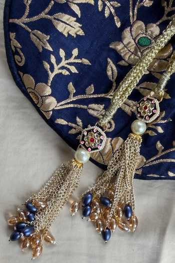 Buy_Quirky Tales_Blue Embroidery, Beads, Pearls, Zari, Tassels Banarasi Floral Potli 