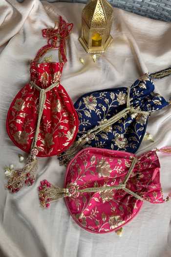 Buy_Quirky Tales_Pink Beads, Pearls, Zari, Tassels Banarasi Floral Potli _Online_at_Aza_Fashions