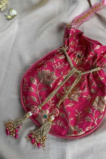 Shop_Quirky Tales_Pink Beads, Pearls, Zari, Tassels Banarasi Floral Potli _Online_at_Aza_Fashions