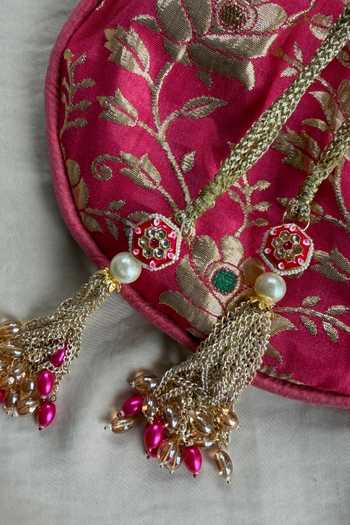 Quirky Tales_Pink Beads, Pearls, Zari, Tassels Banarasi Floral Potli _at_Aza_Fashions