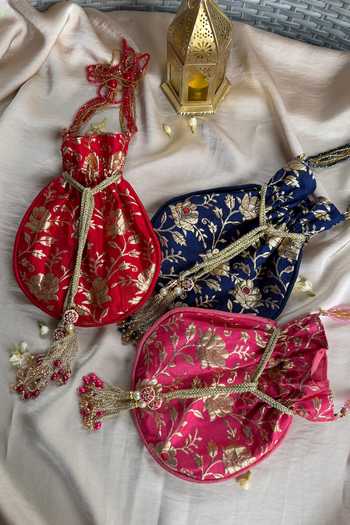Buy_Quirky Tales_Red Beads, Pearls, Zari, Tassels Banarasi Floral Potli _Online_at_Aza_Fashions