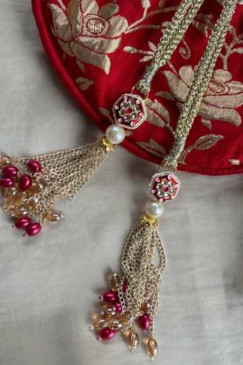 Shop_Quirky Tales_Red Beads, Pearls, Zari, Tassels Banarasi Floral Potli _Online_at_Aza_Fashions