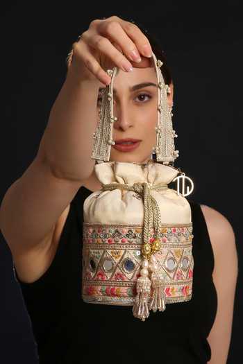 Buy Quirky Tales Beige Embroidery, Beads, Pearls, Mirrors, Tassels Multi Colour Bucket Potli Online at Aza Fashions Buy_Quirky Tales_Beige Embroidery, Beads, Pearls, Mirrors, Tassels Multi Colour Bucket Potli _Online_at_Aza_Fashions