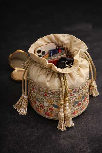 Quirky Tales Beige Embroidery, Beads, Pearls, Mirrors, Tassels Multi Colour Bucket Potli at Aza Fashions Quirky Tales_Beige Embroidery, Beads, Pearls, Mirrors, Tassels Multi Colour Bucket Potli _at_Aza_Fashions