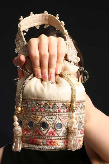 Buy Quirky Tales Beige Embroidery, Beads, Pearls, Mirrors, Tassels Multi Colour Bucket Potli Buy_Quirky Tales_Beige Embroidery, Beads, Pearls, Mirrors, Tassels Multi Colour Bucket Potli