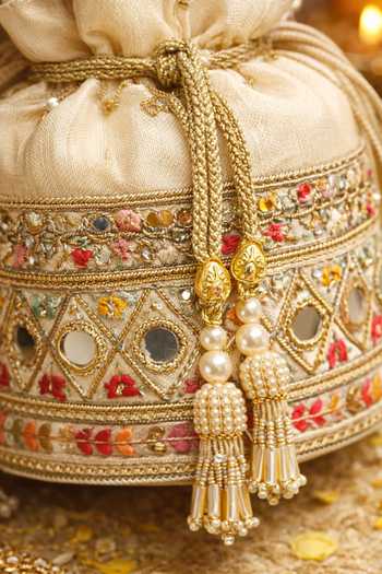 Shop Quirky Tales Beige Embroidery, Beads, Pearls, Mirrors, Tassels Multi Colour Bucket Potli Shop_Quirky Tales_Beige Embroidery, Beads, Pearls, Mirrors, Tassels Multi Colour Bucket Potli