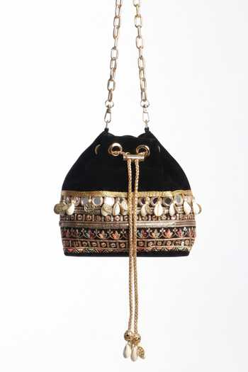 Quirky Tales Black Velvet Bucket Potli Bag 