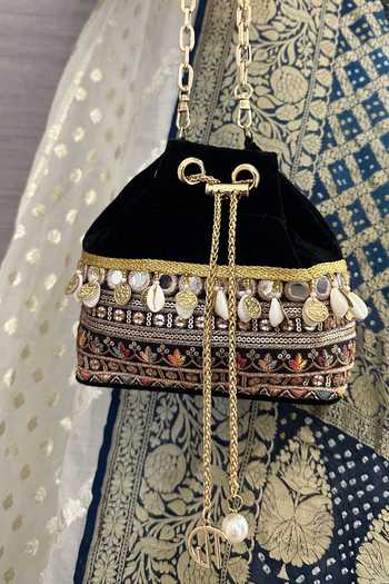 Quirky Tales_Black Embroidery, Mirrors, Tassels, Chains Velvet Bucket Potli Bag _Online_at_Aza_Fashions