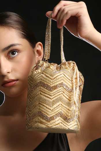 Quirky Tales_Gold Embroidery, Beads, Zari Zardozi Bucket Potli Bag _Online_at_Aza_Fashions