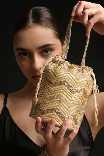 Buy_Quirky Tales_Gold Embroidery, Beads, Zari Zardozi Bucket Potli Bag _Online_at_Aza_Fashions