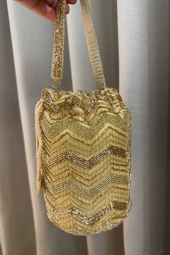 Shop_Quirky Tales_Gold Embroidery, Beads, Zari Zardozi Bucket Potli Bag _Online_at_Aza_Fashions