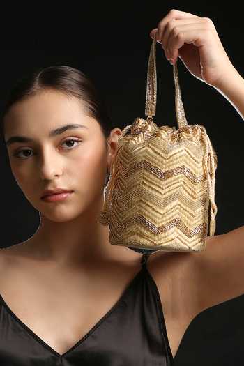 Quirky Tales_Gold Embroidery, Beads, Zari Zardozi Bucket Potli Bag _at_Aza_Fashions