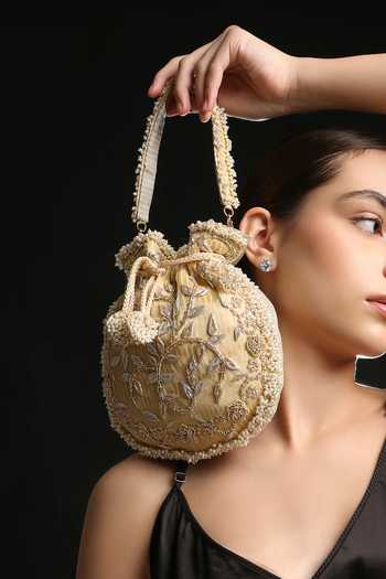 Quirky Tales_Gold Embroidery, Beads, Pearls, Zari Zardozi Floral Silk Potli _Online_at_Aza_Fashions