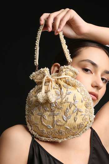 Buy_Quirky Tales_Gold Embroidery, Beads, Pearls, Zari Zardozi Floral Silk Potli _Online_at_Aza_Fashions