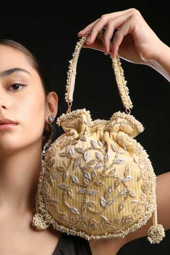 Shop_Quirky Tales_Gold Embroidery, Beads, Pearls, Zari Zardozi Floral Silk Potli _Online_at_Aza_Fashions