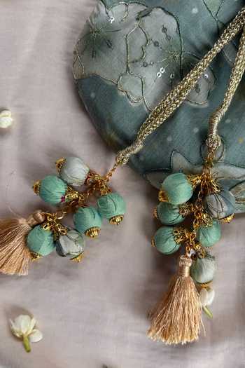 Quirky Tales_Green Embroidery, Mirrors, Tassels Floral Work Silk Potli _Online_at_Aza_Fashions