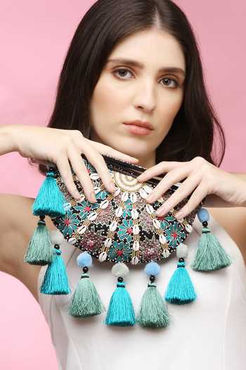 Quirky Tales_Black Kashida Halfmoon Clutch _Online_at_Aza_Fashions