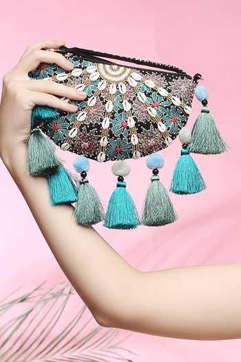 Buy_Quirky Tales_Black Kashida Halfmoon Clutch _Online_at_Aza_Fashions