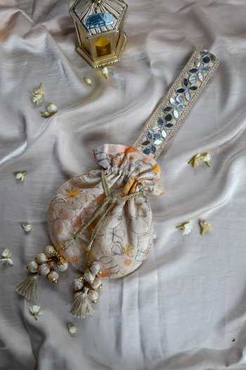 Quirky Tales Peach Floral Mirror Work Strap Potli 