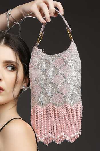 Quirky Tales Pearl Embroidered Pink Hobo Handbag 