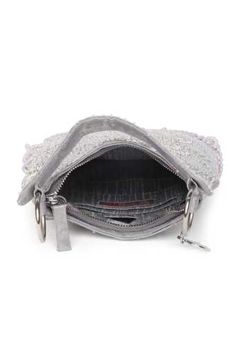Quirky Tales Silver Pearl Embroidered Hobo Handbag Online at Aza Fashions Quirky Tales_Silver Pearl Embroidered Hobo Handbag _Online_at_Aza_Fashions