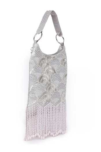 Quirky Tales Silver Pearl Embroidered Hobo Handbag at Aza Fashions Quirky Tales_Silver Pearl Embroidered Hobo Handbag _at_Aza_Fashions