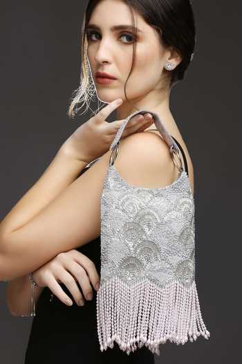 Quirky Tales Pearl Embroidered Silver Hobo Handbag 