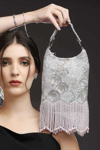 Buy Quirky Tales Silver Pearl Embroidered Hobo Handbag Buy_Quirky Tales_Silver Pearl Embroidered Hobo Handbag
