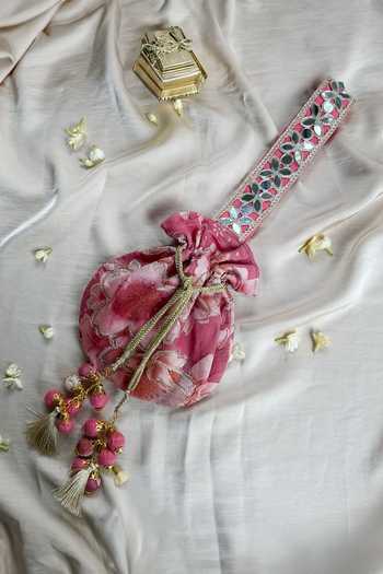 Quirky Tales Pink Floral Mirror Work Strap Potli 