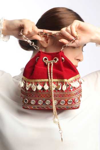 Quirky Tales_Red Beads, Mirrors, Tassels Velvet Bucket Potli Bag _Online_at_Aza_Fashions