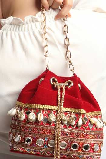 Quirky Tales Red Velvet Bucket Potli Bag 